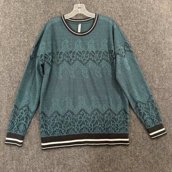 Fabletics Pullover Women's Large Teal Lace Mesh Pullover Crewneck Athleisure Top - Picture 1 of 7